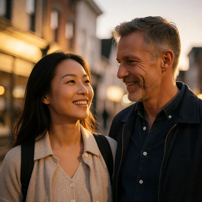 Asian woman and Western man smiling at each other on a warm-lit street at dusk